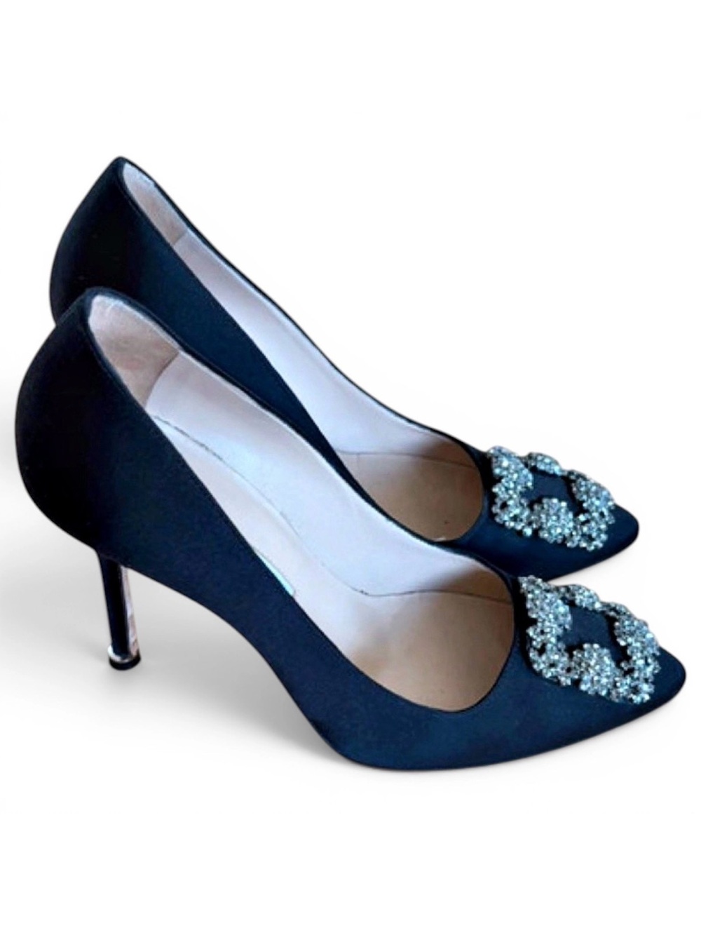 Manolo Blahnik Black Satin Pointed-Toe Heels with Crystal Brooch